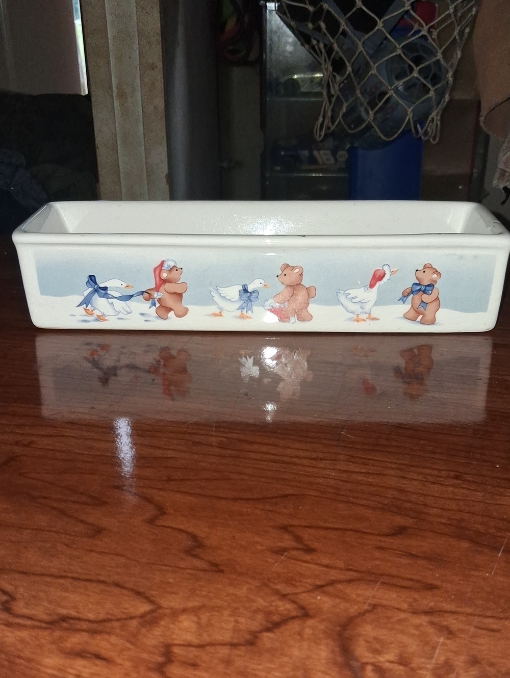 White Ceramic Rectangular Planter with Blue-Accented Bear & Goose Motif